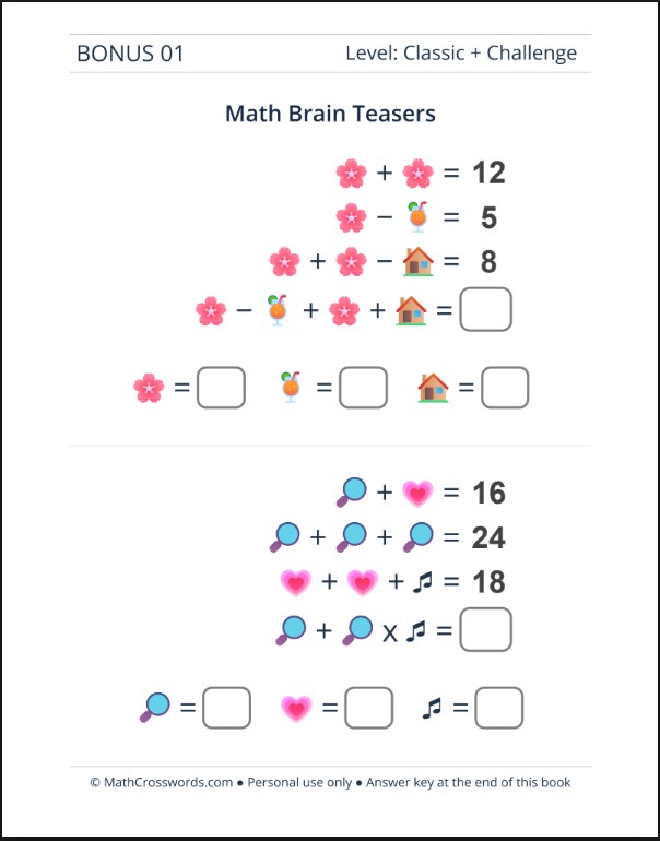 Printable Math Crossword Puzzles PDF.