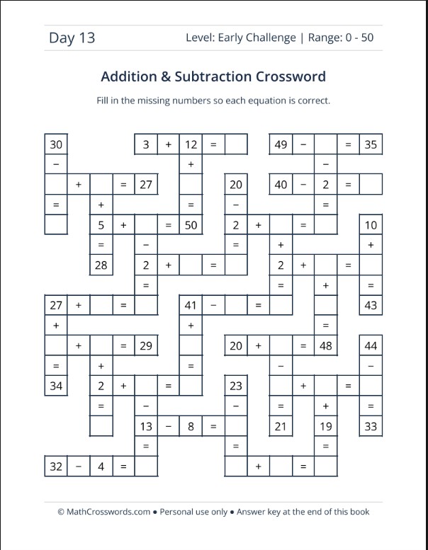 Printable math crosswords for adults PDF.